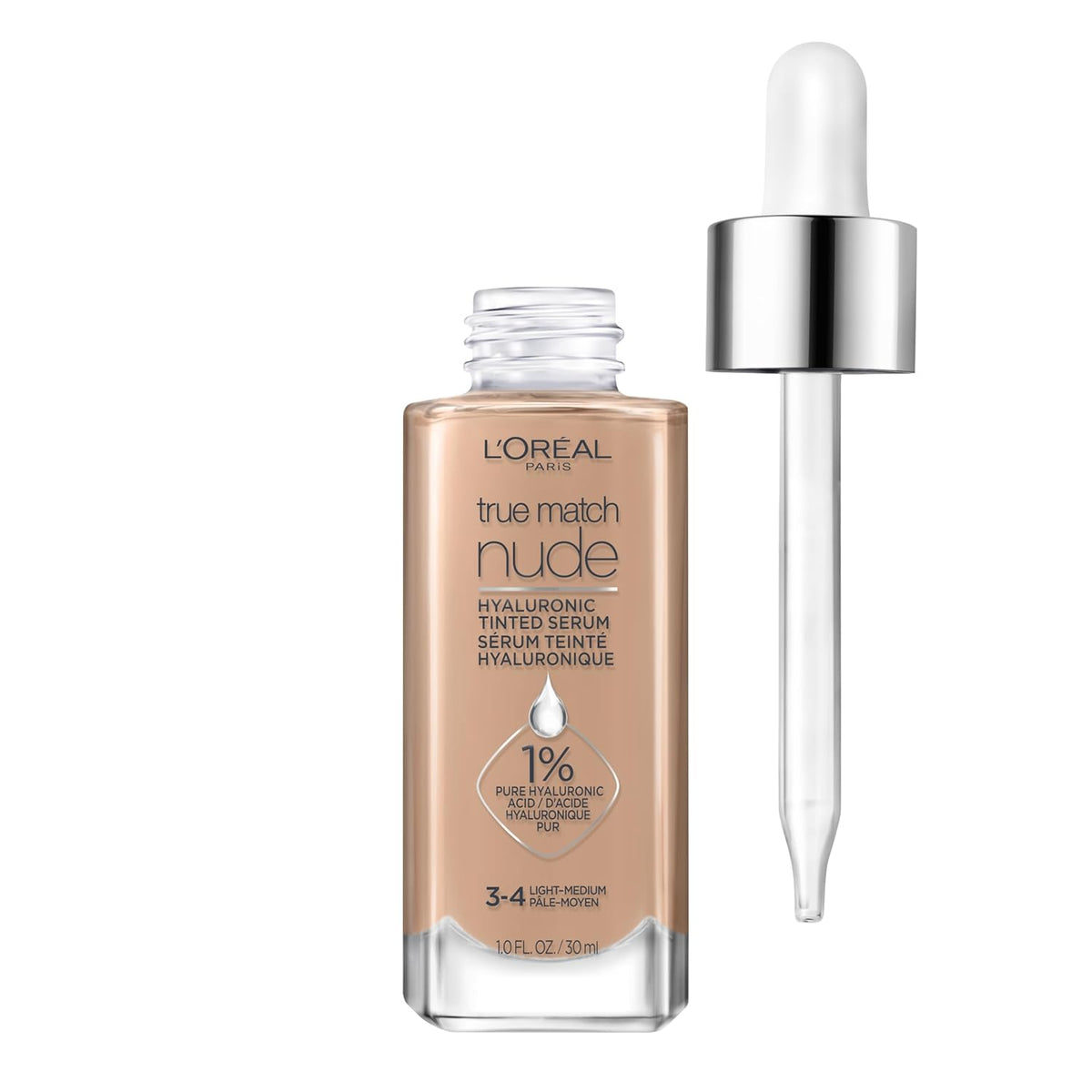 L'Oréal Paris True Match Nude Hyaluronic Tinted Serum Foundation, 3-4 Light-Medium, 1 fl oz