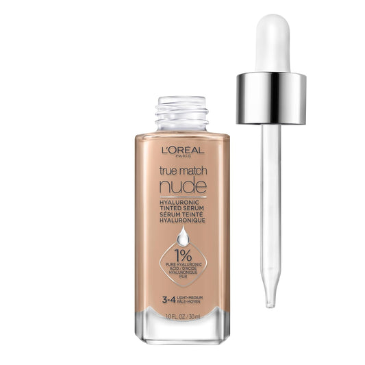 L'Oréal Paris True Match Nude Hyaluronic Tinted Serum Foundation, 3-4 Light-Medium, 1 fl oz