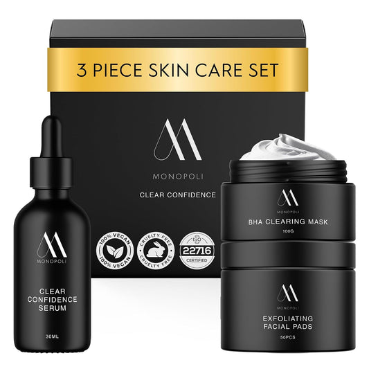 Monopoli Skin Clear Confidence Kit 3-Piece Set with BHA Serum, Exfoliating Facial Pads & Clearing Mask
