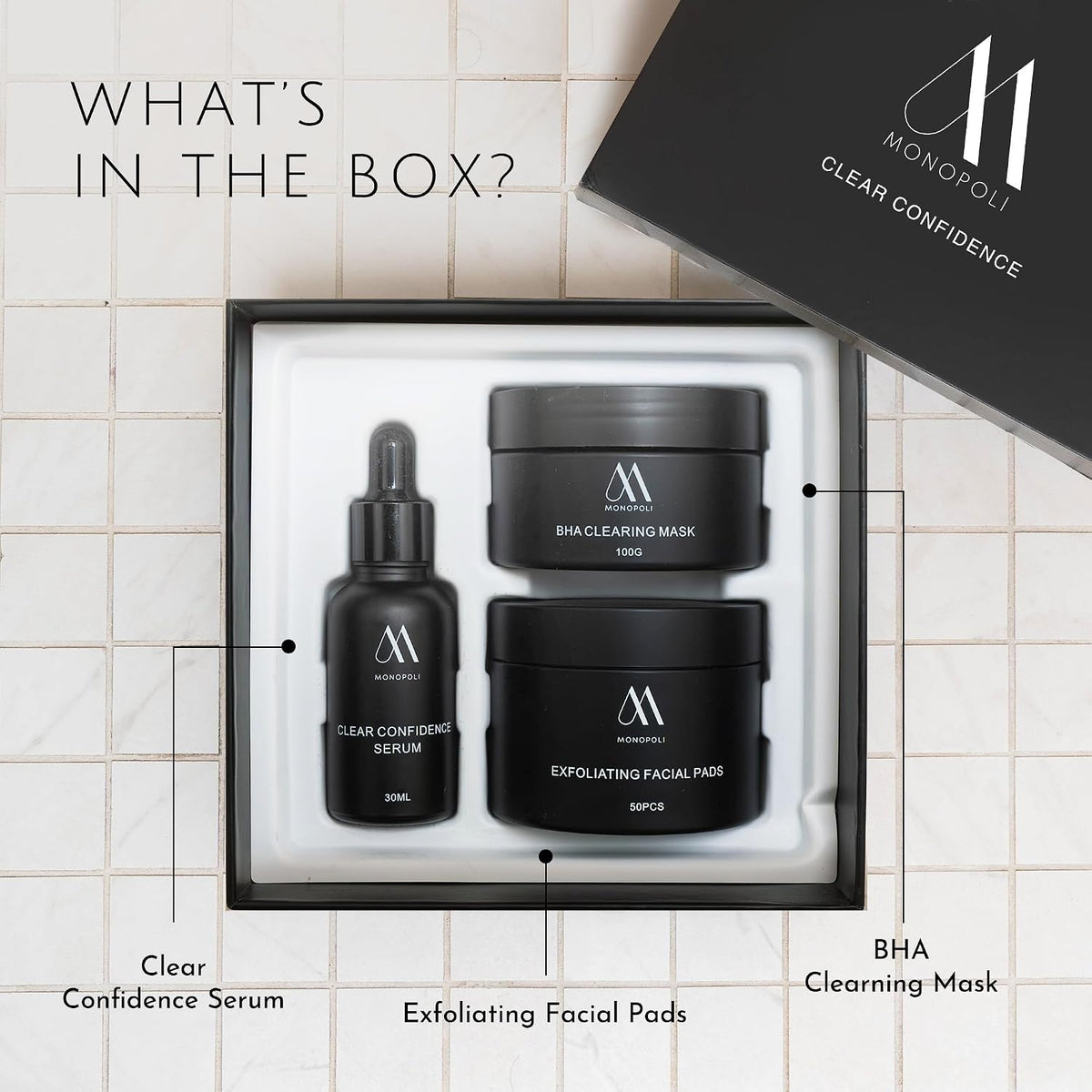 Monopoli Skin Clear Confidence Kit 3-Piece Set with BHA Serum, Exfoliating Facial Pads & Clearing Mask