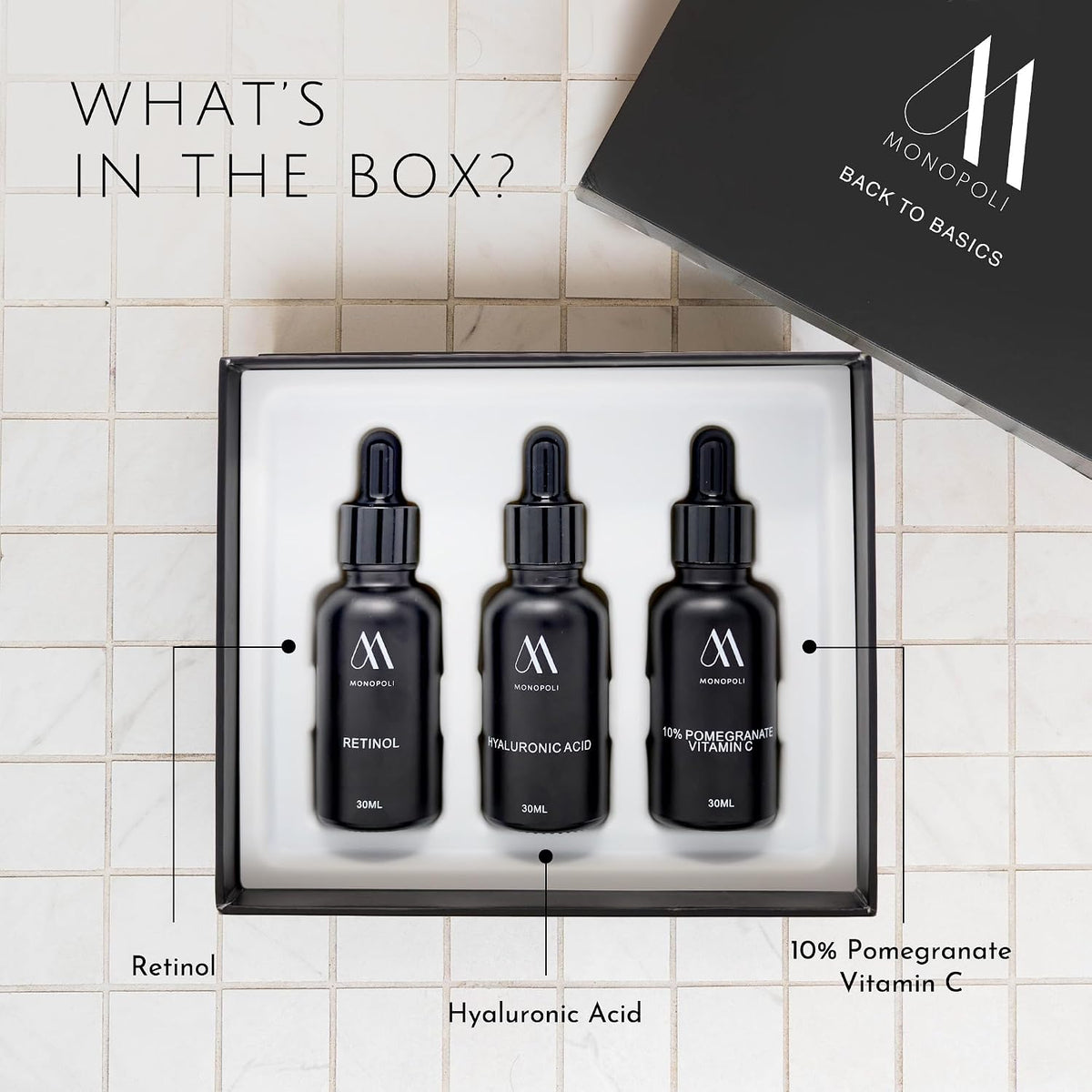 Monopoli Skin Back to Basics 3-Piece Anti-Aging Serum Set Vitamin C, Hyaluronic Acid & Retinol