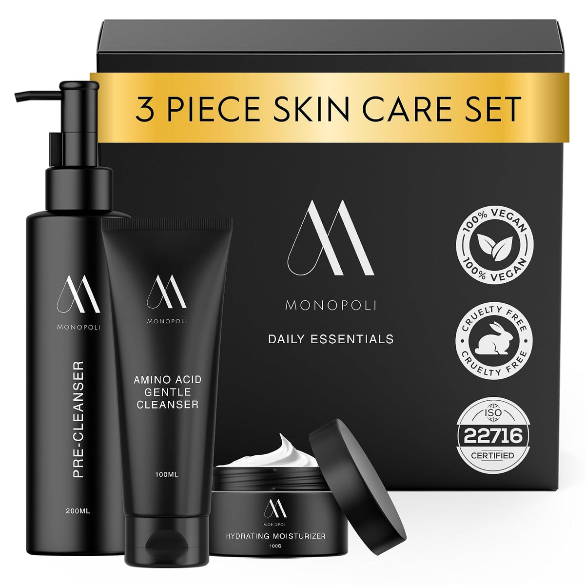 Monopoli Skin Daily Essentials Kit 3-Piece Set with Pre-Cleanser, Amino Acid Gentle Cleanser & Hydrating Moisturizer