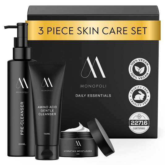 Monopoli Skin Daily Essentials Kit 3-Piece Set with Pre-Cleanser, Amino Acid Gentle Cleanser & Hydrating Moisturizer