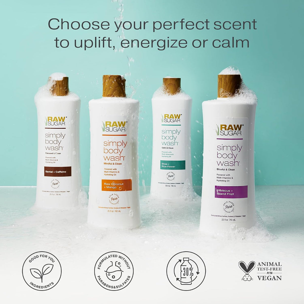 Raw Sugar Simply Body Wash, Santal + Caffeine, 25 fl oz Sulfate-Free