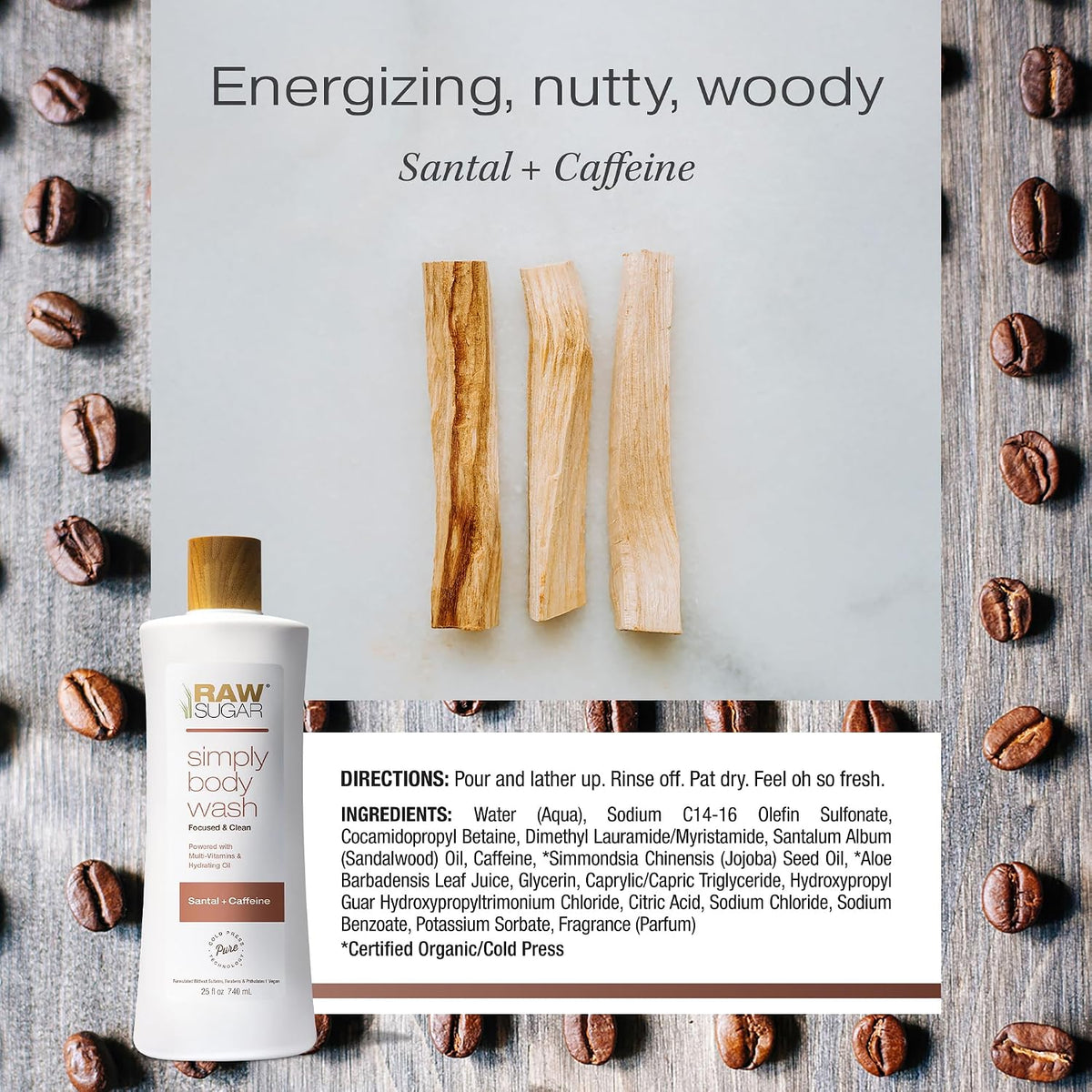 Raw Sugar Simply Body Wash, Santal + Caffeine, 25 fl oz Sulfate-Free