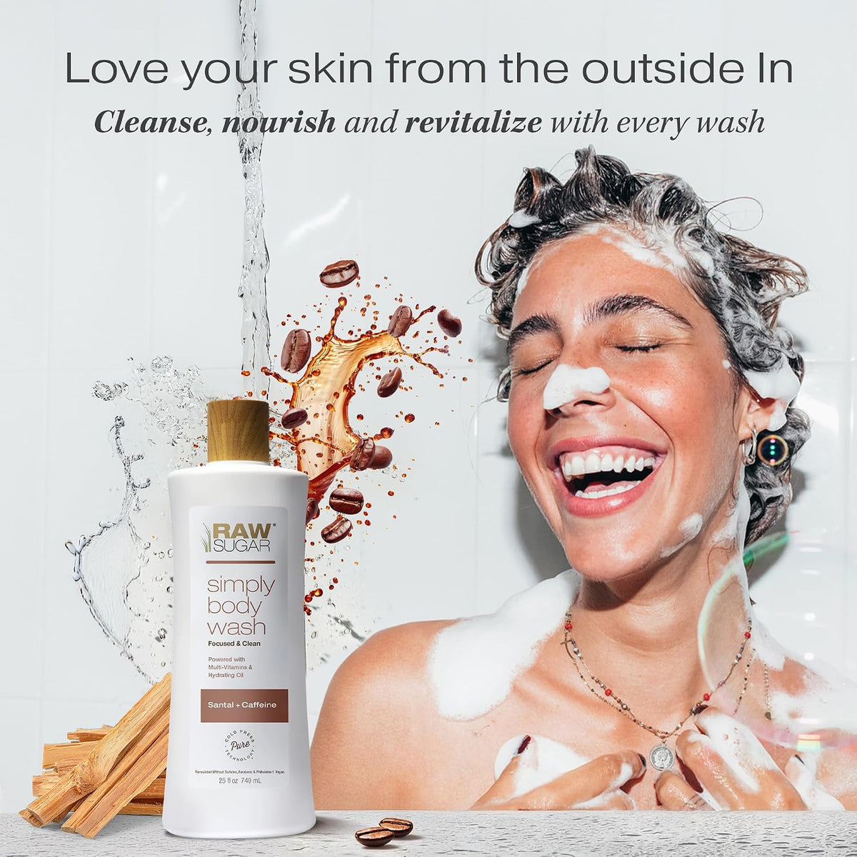 Raw Sugar Simply Body Wash, Santal + Caffeine, 25 fl oz Sulfate-Free